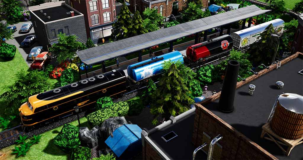 Diesel engine, wagons amid lush vegetation